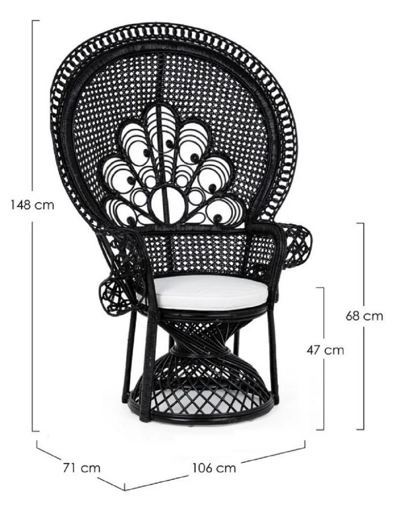 Casa Padrino Luxus Rattan Sessel Schwarz / Weiß 106 x 71 x H. 148 cm - Vintage Stil Rattan Sessel mit Sitzkissen - Vintage Stil Rattan Möbel - Garten & Terrassen Möbel