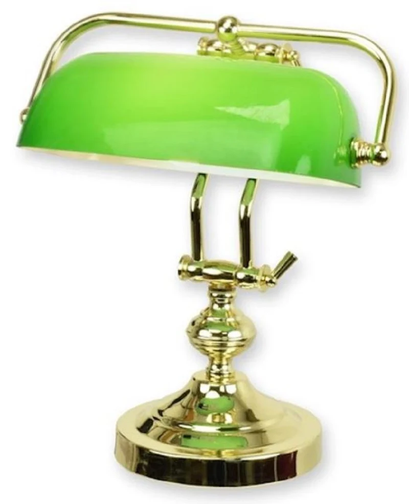Casa Padrino Banker Schreibtischleuchte Gold / Grün 27 x 19 x H. 37,3 cm - Messing Tischleuchte mit Glas Lampenschirm - Banker Lampe