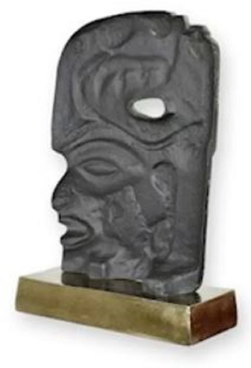 Casa Padrino Luxus Aluminium Deko Skulptur Maya Gesicht Antik Mintgrün / Grau / Gold 24 x 10,4 x H. 35,4 cm - Aluminium Deko Figur - Wohnzimmer Deko - Schreibtisch Deko