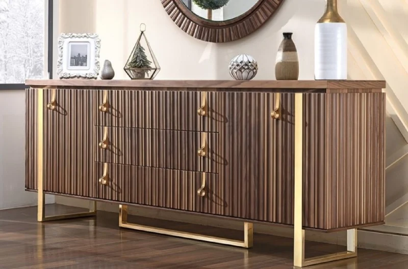 Casa Padrino Luxus Art Deco Sideboard Braun / Gold 200 x 42 x H. 80 cm - Edler Massivholz Schrank mit 2 Türen und 3 Schubladen - Art Deco Möbel - Luxus Möbel