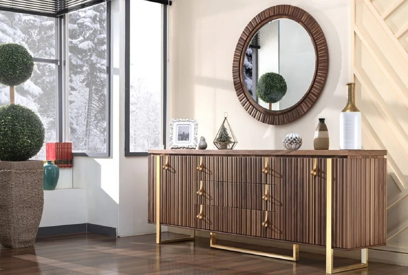 Casa Padrino Luxus Art Deco Sideboard Braun / Gold 200 x 42 x H. 80 cm - Edler Massivholz Schrank mit 2 Türen und 3 Schubladen - Art Deco Möbel - Luxus Möbel