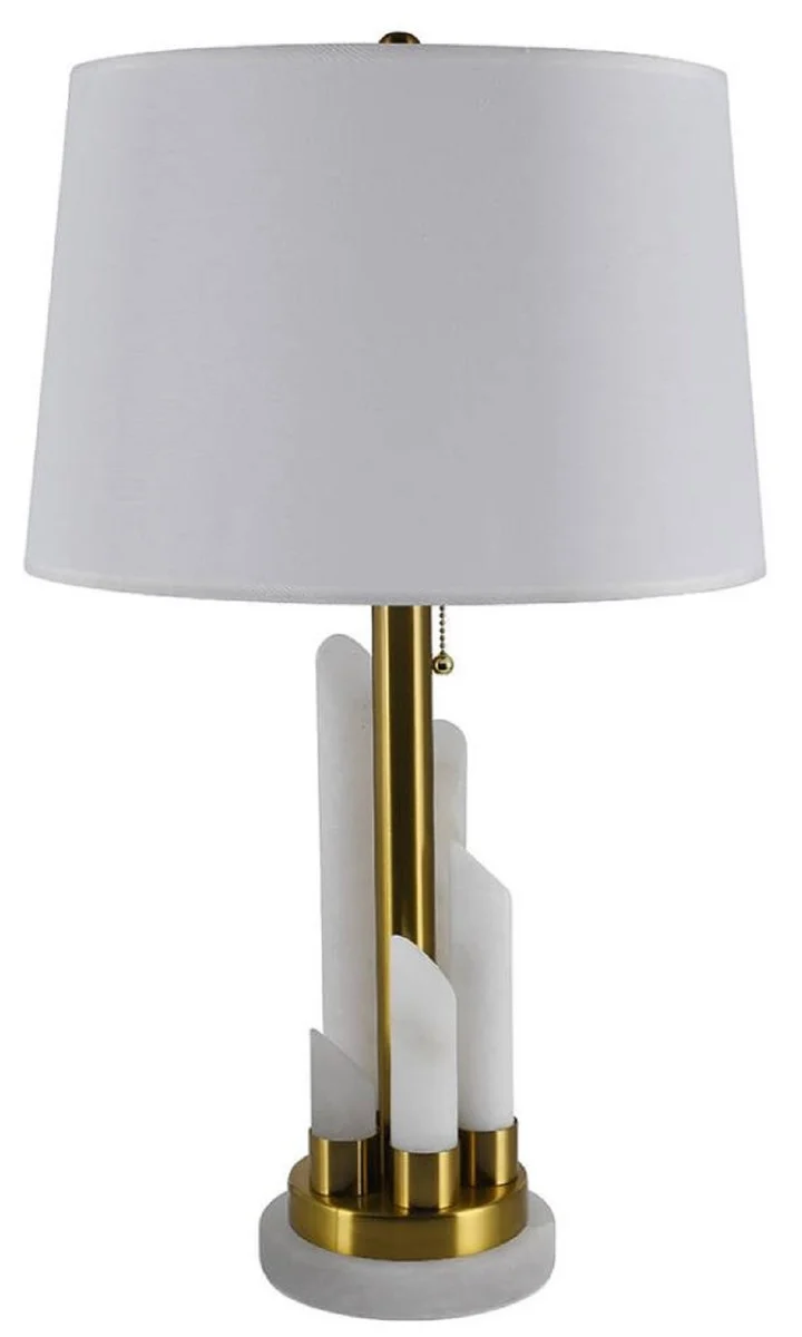 Casa Padrino Luxus Marmor Tischleuchte Weiß / Gold Ø 38 x H. 68,5 cm - Runde Marmor Schreibtischleuchte mit Lampenschirm - Luxus Marmor Leuchten