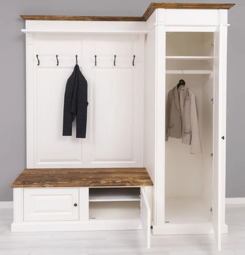 Casa Padrino Landhausstil Garderobenschrank Weiß / Braun 205 x 65 x H. 210 cm - Massivholz Garderobe - Flur Schrank - Garderoben Möbel - Massivholz Möbel - Landhausstil Möbel