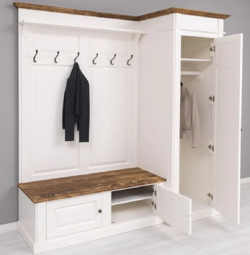 Casa Padrino Landhausstil Garderobenschrank Weiß / Braun 205 x 65 x H. 210 cm - Massivholz Garderobe - Flur Schrank - Garderoben Möbel - Massivholz Möbel - Landhausstil Möbel