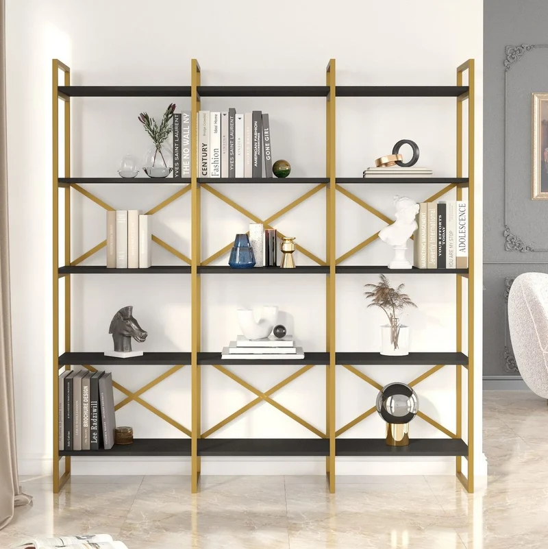 Casa Padrino Luxus Regalschrank mit Massivholz Regalen Gold / Schwarz 170 x 30 x H. 175 cm - Bücherschrank - Wohnzimmer Schrank - Büro Schrank - Wohnzimmer Möbel - Büro Möbel - Luxus Möbel
