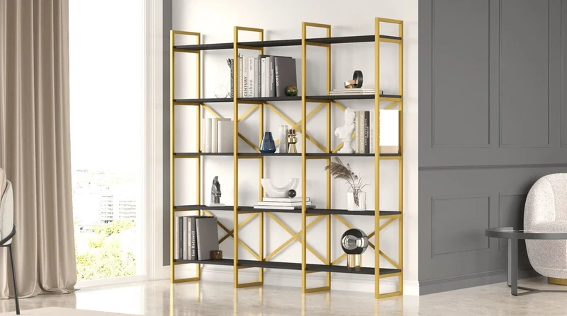 Casa Padrino Luxus Regalschrank mit Massivholz Regalen Gold / Schwarz 170 x 30 x H. 175 cm - Bücherschrank - Wohnzimmer Schrank - Büro Schrank - Wohnzimmer Möbel - Büro Möbel - Luxus Möbel