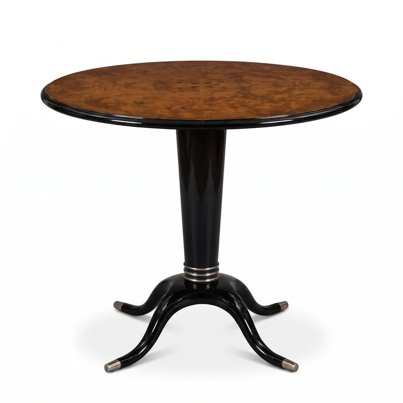 Casa Padrino Luxus Esstisch Vogelaugenahorn Braun / Schwarz / Silber Ø 79 x H. 71 cm - Runder Massivholz Esszimmertisch - Esszimmer Möbel - Luxus Möbel