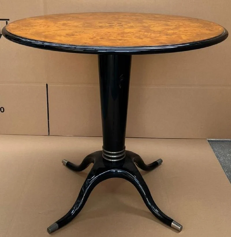 Casa Padrino Luxus Esstisch Vogelaugenahorn Braun / Schwarz / Silber Ø 79 x H. 71 cm - Runder Massivholz Esszimmertisch - Esszimmer Möbel - Luxus Möbel