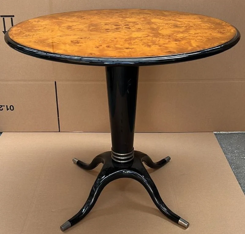 Casa Padrino Luxus Esstisch Vogelaugenahorn Braun / Schwarz / Silber Ø 79 x H. 71 cm - Runder Massivholz Esszimmertisch - Esszimmer Möbel - Luxus Möbel