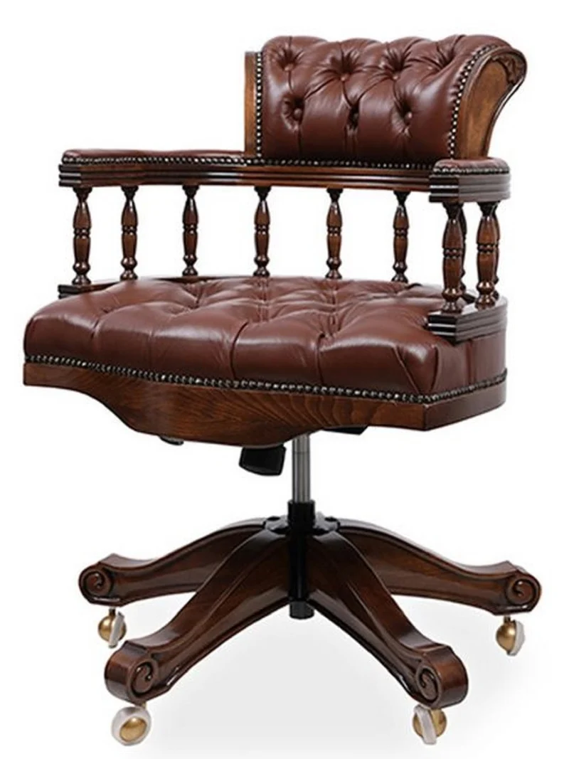 Casa Padrino Luxus Barock Chesterfield Leder Schreibtischstuhl Dunkelbraun / Dunkelbraun - Höhenverstellbarer Echtleder Bürostuhl - Büro Möbel - Edel & Prunkvoll