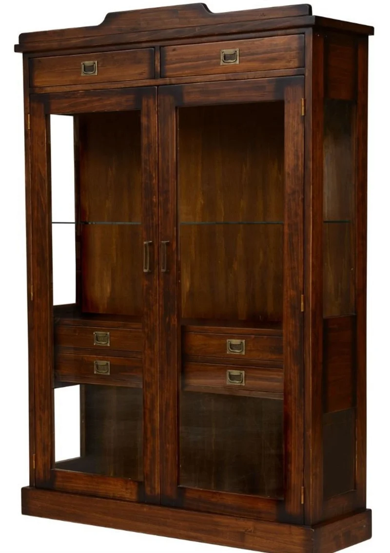 Casa Padrino Luxus Vintage Stil Vitrine Braun / Messing 120 x 37 x H. 171,5 cm - Massivholz Vitrinenschrank mit 2 Glastüren und 6 Schubladen - Massivholz Möbel - Vintage Stil Möbel - Luxus Möbel