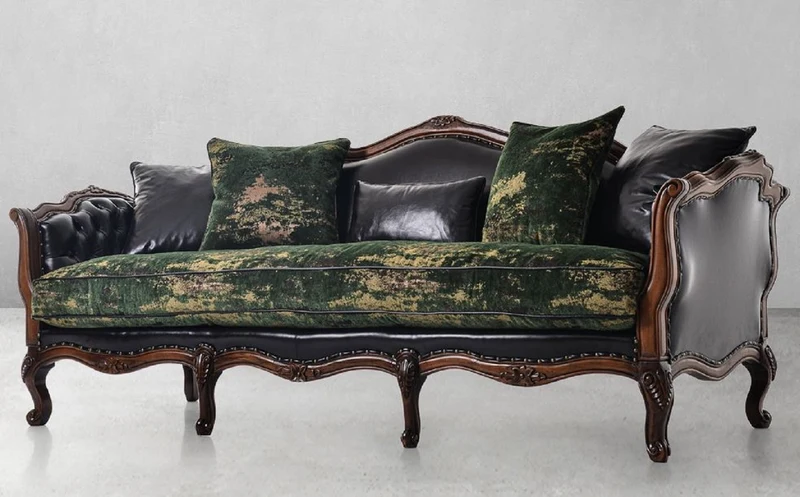 Casa Padrino Luxus Barock Leder Sofa Schwarz / Grün / Braun - Prunkvolles Wohnzimmer Sofa mit hochwertigem Echtleder - Luxus Wohnzimmer Möbel im Barockstil - Barock Möbel - Edel & Prunkvoll