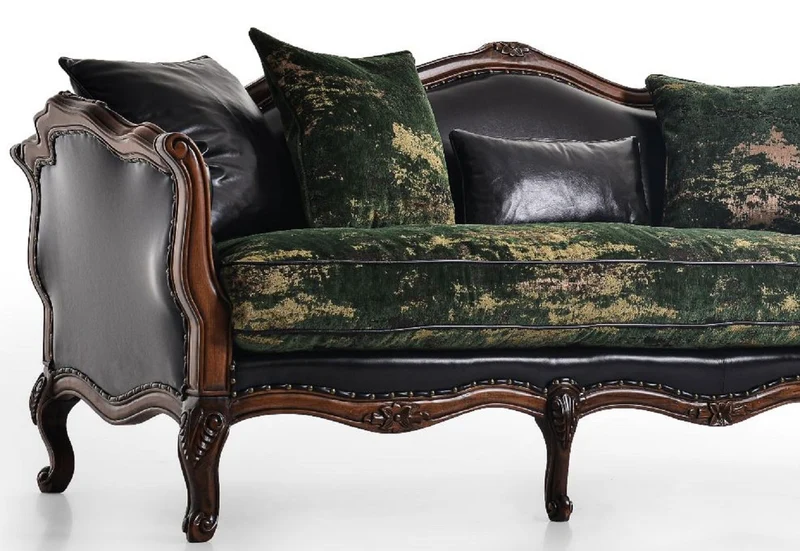 Casa Padrino Luxus Barock Leder Sofa Schwarz / Grün / Braun - Prunkvolles Wohnzimmer Sofa mit hochwertigem Echtleder - Luxus Wohnzimmer Möbel im Barockstil - Barock Möbel - Edel & Prunkvoll