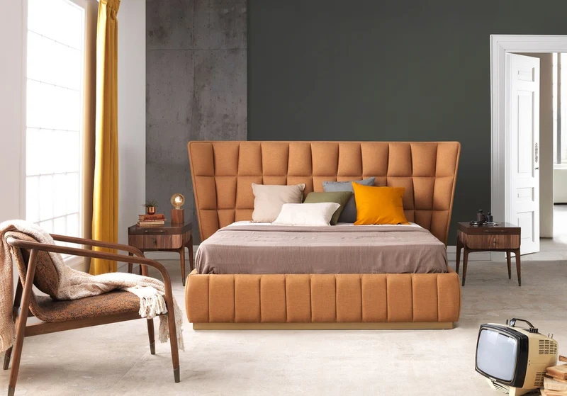 Casa Padrino Luxus Schlafzimmer Set Hellbraun / Braun - 1 Doppelbett mit Kopfteil & 2 Nachtkommoden - Luxus Schlafzimmer Möbel - Luxus Schlafzimmer Einrichtung