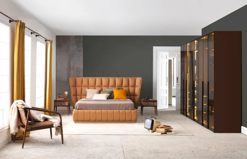 Casa Padrino Luxus Schlafzimmer Set Hellbraun / Braun - 1 Doppelbett mit Kopfteil & 2 Nachtkommoden - Luxus Schlafzimmer Möbel - Luxus Schlafzimmer Einrichtung