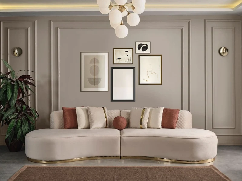 Casa Padrino Luxus Wohnzimmer Set Creme / Gold - 2 Luxus Sofas & 1 Luxus Drehsessel & 1 Luxus Hocker - Wohnzimmer Möbel - Luxus Möbel - Luxus Einrichtung - Wohnzimmer Einrichtung