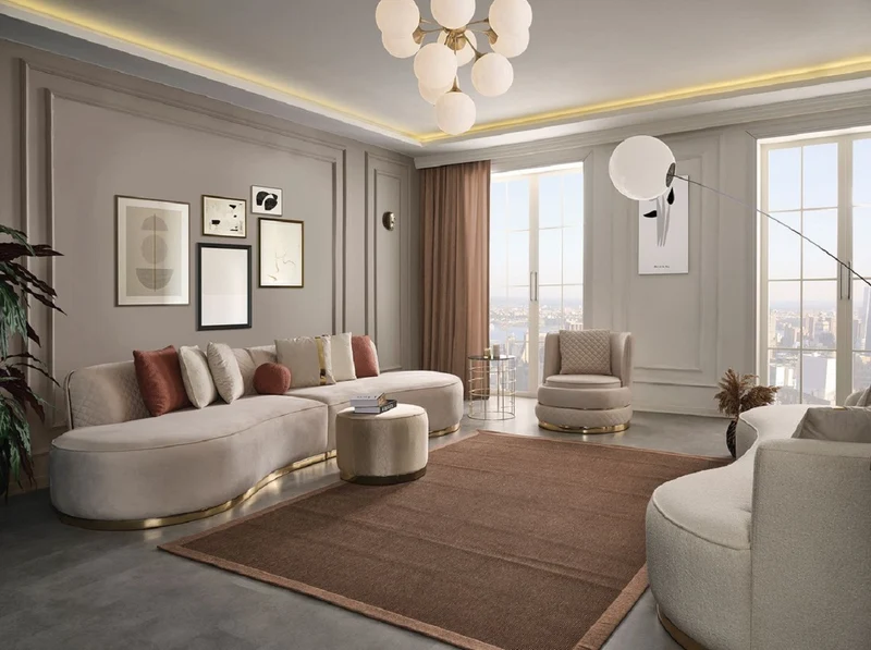 Casa Padrino Luxus Wohnzimmer Set Creme / Gold - 2 Luxus Sofas & 1 Luxus Drehsessel & 1 Luxus Hocker - Wohnzimmer Möbel - Luxus Möbel - Luxus Einrichtung - Wohnzimmer Einrichtung