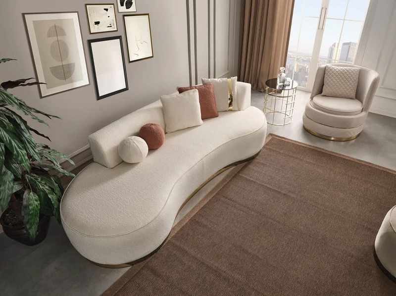 Casa Padrino Luxus Wohnzimmer Set Creme / Gold - 2 Luxus Sofas & 1 Luxus Drehsessel & 1 Luxus Hocker - Wohnzimmer Möbel - Luxus Möbel - Luxus Einrichtung - Wohnzimmer Einrichtung