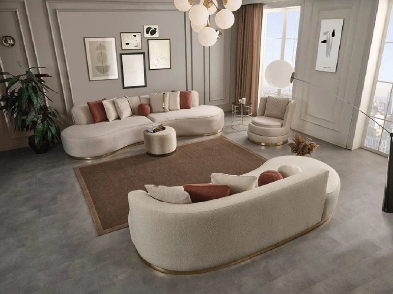 Casa Padrino Luxus Wohnzimmer Set Creme / Gold - 2 Luxus Sofas & 1 Luxus Drehsessel & 1 Luxus Hocker - Wohnzimmer Möbel - Luxus Möbel - Luxus Einrichtung - Wohnzimmer Einrichtung
