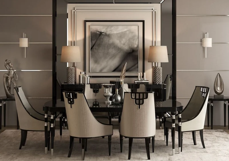 Casa Padrino Luxus Art Deco Esszimmer Set Grau / Schwarz / Silber - 1 Art Deco Esstisch & 6 Art Deco Esszimmer Stühle - Art Deco Esszimmer Möbel - Luxus Qualität