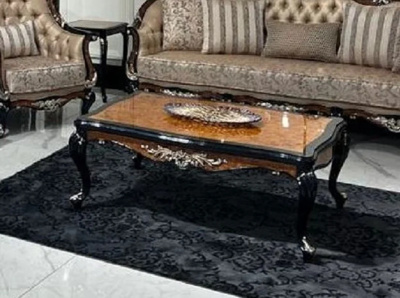 Casa Padrino Luxus Barock Couchtisch Braun / Schwarz / Silber - Handgefertigter Massivholz Wohnzimmertisch im Barockstil - Luxus Wohnzimmer Möbel im Barockstil - Barock Möbel - Edel & Prunkvoll
