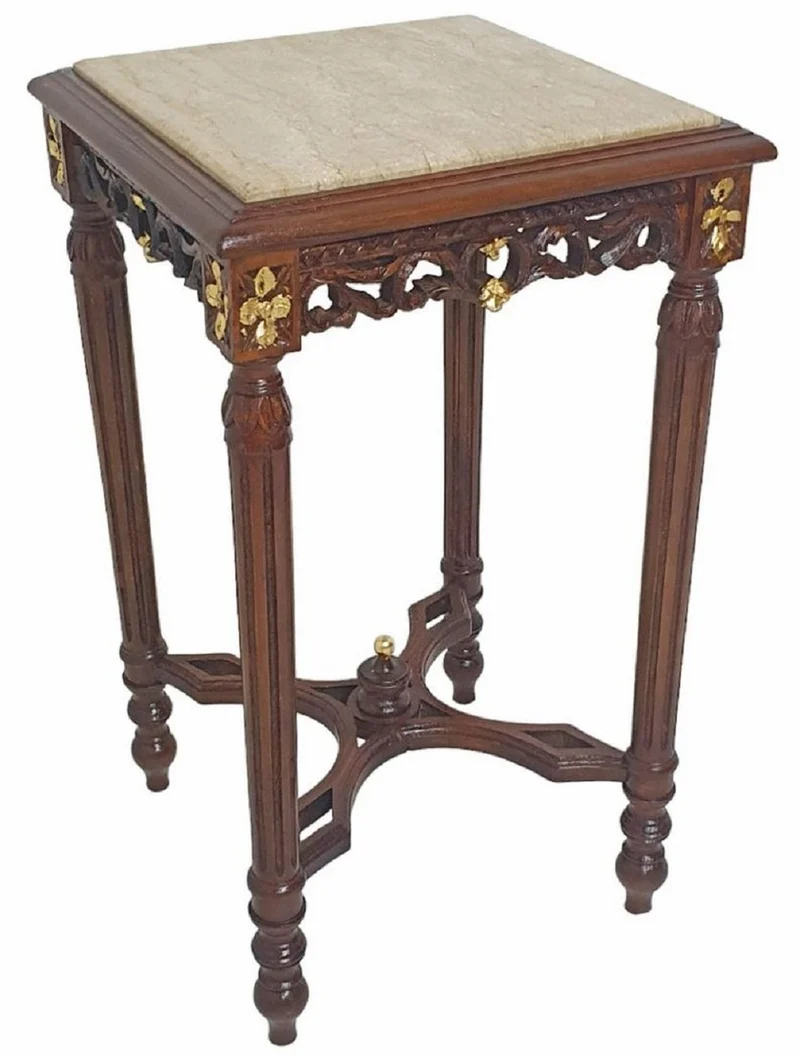 Casa Padrino Barock Beistelltisch Braun / Gold / Creme - Quadratischer Barockstil Massivholz Tisch mit Marmorplatte - Wohnzimmer Möbel im Barockstil - Barock Möbel