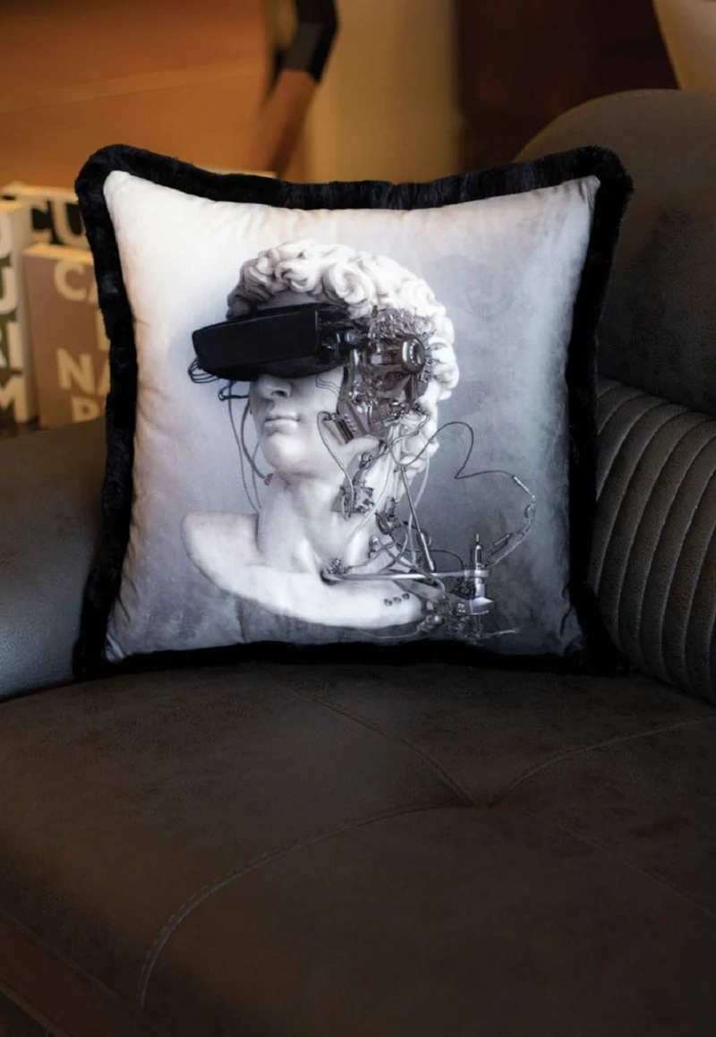 Casa Padrino Luxus Deko Kissen Cyber Barock Büste Grau / Weiß / Schwarz 45 x 45 cm - Bedrucktes Samt Kissen mit Fransen - Luxus Deko Accessoires