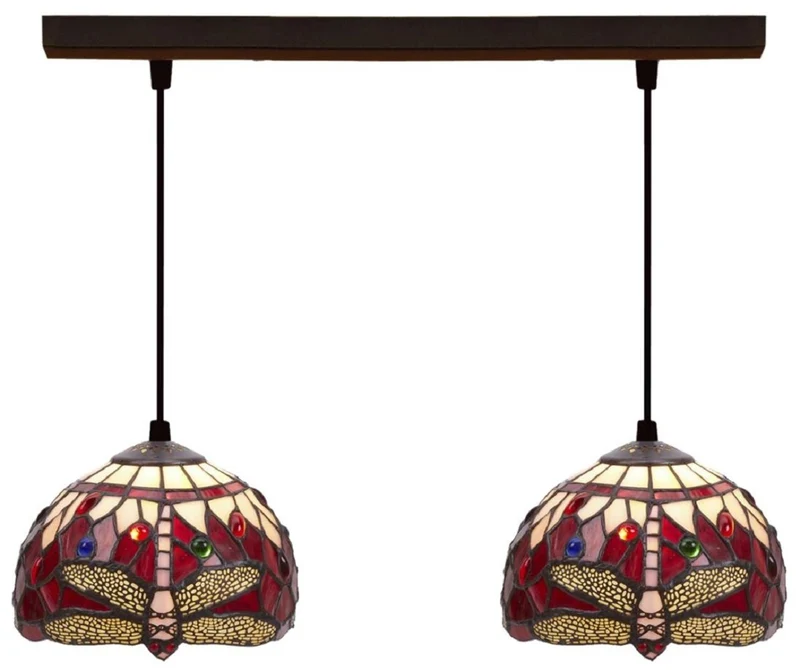 Casa Padrino Luxus Tiffany Doppel Hängeleuchte Libelle Mehrfarbig 50 x 20 x H. 130 cm - Tiffany Hängelampe mit handgefertigten Glas Lampenschirmen - Luxus Tiffany Leuchten