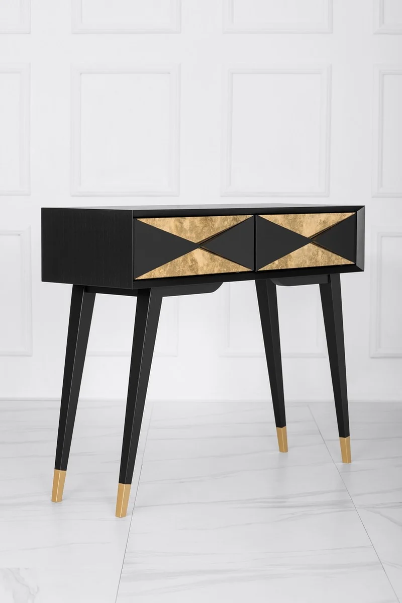 Casa Padrino Luxus Konsole Matt Schwarz / Antik Gold / Gold 100 x 35 x H. 80 cm - Verspiegelter Massivholz Konsolentisch mit 2 Schubladen - Luxus Möbel - Luxus Einrichtung