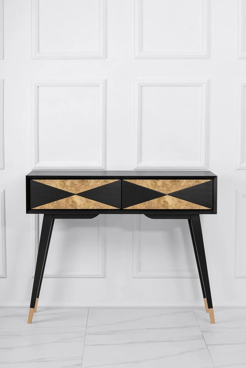 Casa Padrino Luxus Konsole Matt Schwarz / Antik Gold / Gold 100 x 35 x H. 80 cm - Verspiegelter Massivholz Konsolentisch mit 2 Schubladen - Luxus Möbel - Luxus Einrichtung