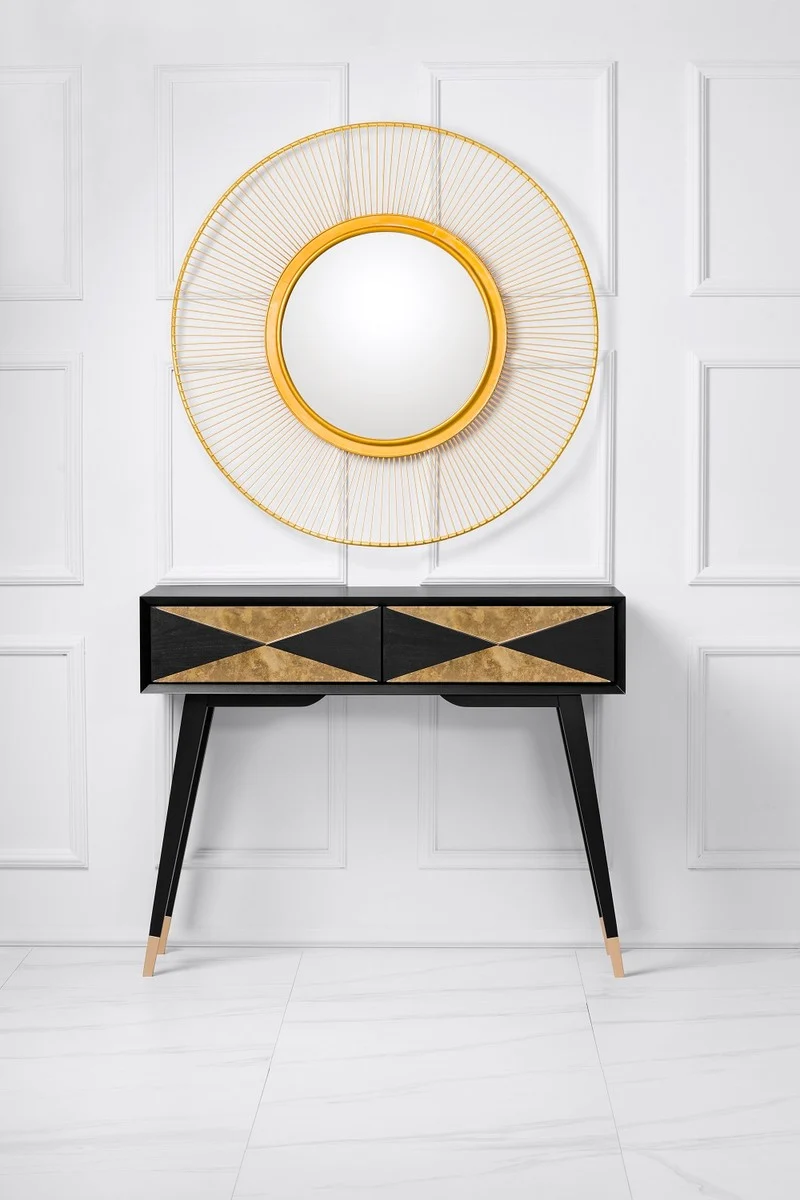 Casa Padrino Luxus Konsole Matt Schwarz / Antik Gold / Gold 100 x 35 x H. 80 cm - Verspiegelter Massivholz Konsolentisch mit 2 Schubladen - Luxus Möbel - Luxus Einrichtung