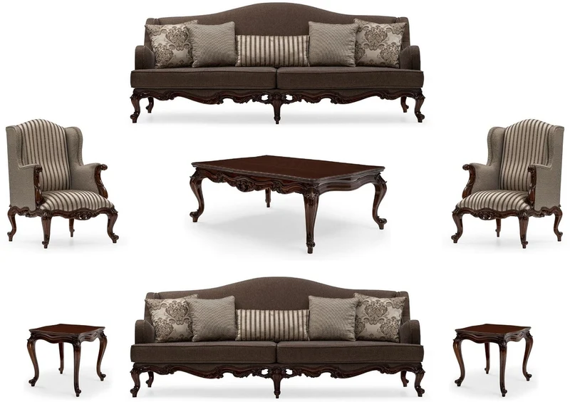 Casa Padrino Luxus Barock Wohnzimmer Set Grau / Silber / Braun - 2 Sofas & 2 Sessel & 1 Couchtisch & 2 Beistelltische - Handgefertigte Wohnzimmer Möbel im Barockstil - Edel & Prunkvoll
