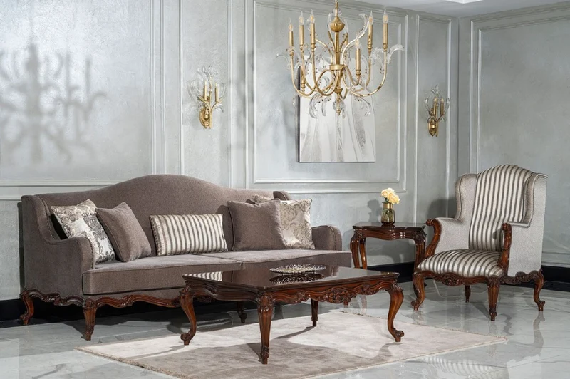 Casa Padrino Luxus Barock Wohnzimmer Set Grau / Silber / Braun - 2 Sofas & 2 Sessel & 1 Couchtisch & 2 Beistelltische - Handgefertigte Wohnzimmer Möbel im Barockstil - Edel & Prunkvoll