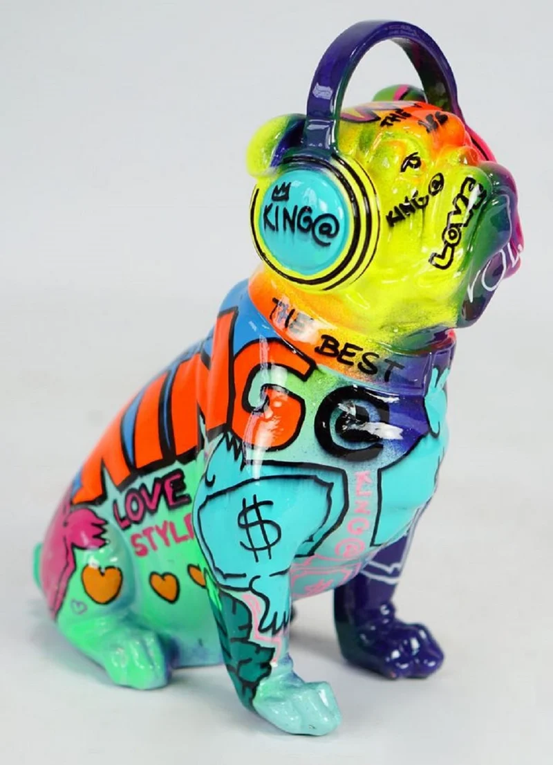 Casa Padrino Luxus Designer Deko Figur Hund Bulldogge mit Kopfhörer Bunt H. 32 cm - Kunstharz Deko Skulptur - Wohnzimmer Deko - Schreibtisch Deko - Luxus Deko Tierfigur