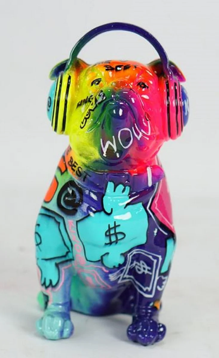 Casa Padrino Luxus Designer Deko Figur Hund Bulldogge mit Kopfhörer Bunt H. 32 cm - Kunstharz Deko Skulptur - Wohnzimmer Deko - Schreibtisch Deko - Luxus Deko Tierfigur