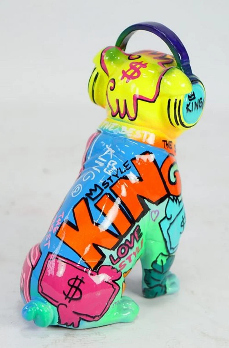 Casa Padrino Luxus Designer Deko Figur Hund Bulldogge mit Kopfhörer Bunt H. 32 cm - Kunstharz Deko Skulptur - Wohnzimmer Deko - Schreibtisch Deko - Luxus Deko Tierfigur