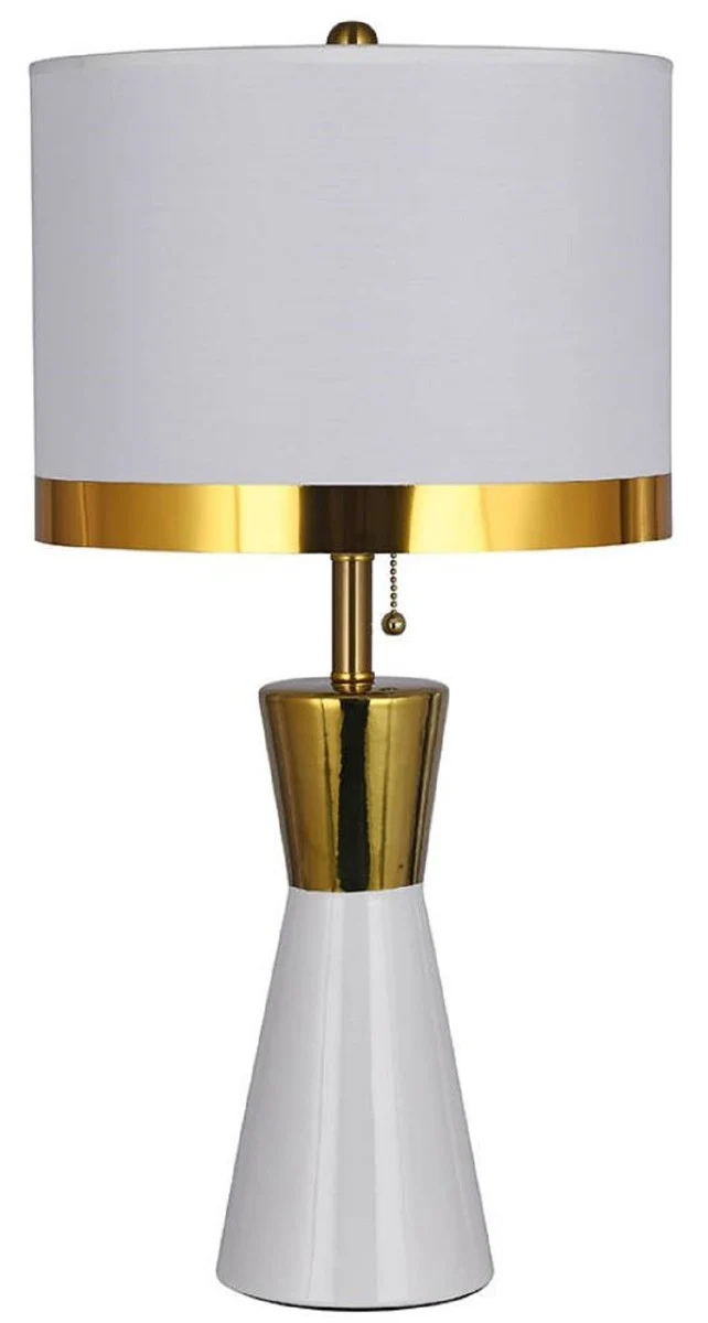 Casa Padrino Luxus Keramik Tischleuchte Weiß / Gold / Weiß Ø 30 x H. 60 cm - Runde Keramik Schreibtischleuchte mit Lampenschirm - Luxus Keramik Leuchten