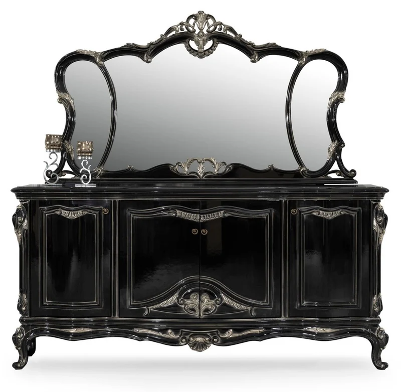Casa Padrino Luxus Barock Sideboard mit Spiegel Schwarz / Silber - Luxus Möbel Möbel im Barockstil - Barock Möbel - Barock Einrichtung - Edel & Prunkvoll