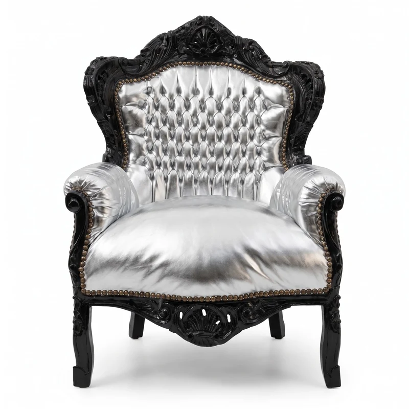 Casa Padrino Barock Sessel Silber / Schwarz - Handgefertigter Massivholz Wohnzimmer Sessel mit Kunstleder - Antik Stil Wohnzimmer Sessel - Barock Wohnzimmer Möbel