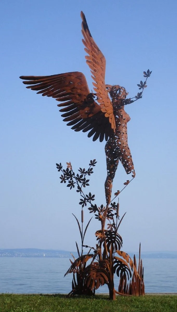 Casa Padrino Luxus Deko Skulptur Engel Rost 200 x 145 x H. 370 cm - Riesige Stahl Skulptur - Riesige Garten Deko Figur - Garten Skulpturen - Metall Skulpturen