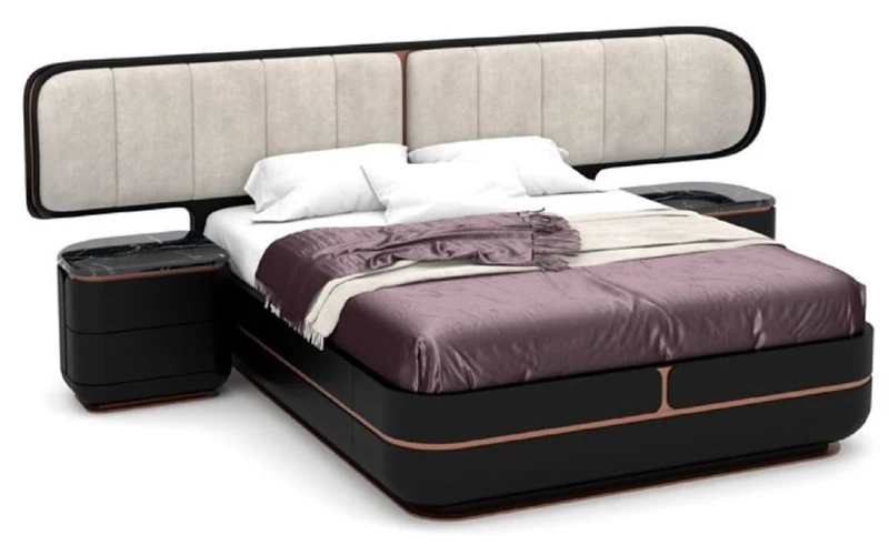Casa Padrino Luxus Schlafzimmer Set Grau / Schwarz / Kupfer - 1 Doppelbett mit Kopfteil & 2 Nachtkommoden - Luxus Schlafzimmer Möbel - Luxus Schlafzimmer Einrichtung