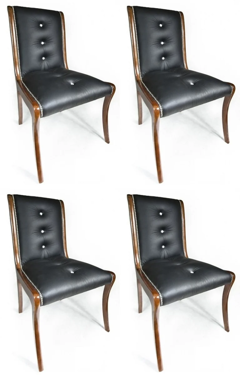Casa Padrino Luxus Leder Esszimmer Stuhl 4er Set mit Glitzersteinen Schwarz / Braun 50 x 47 x H. 95 cm - Echtleder Küchenstühle - Echtleder Möbel - Luxus Möbel