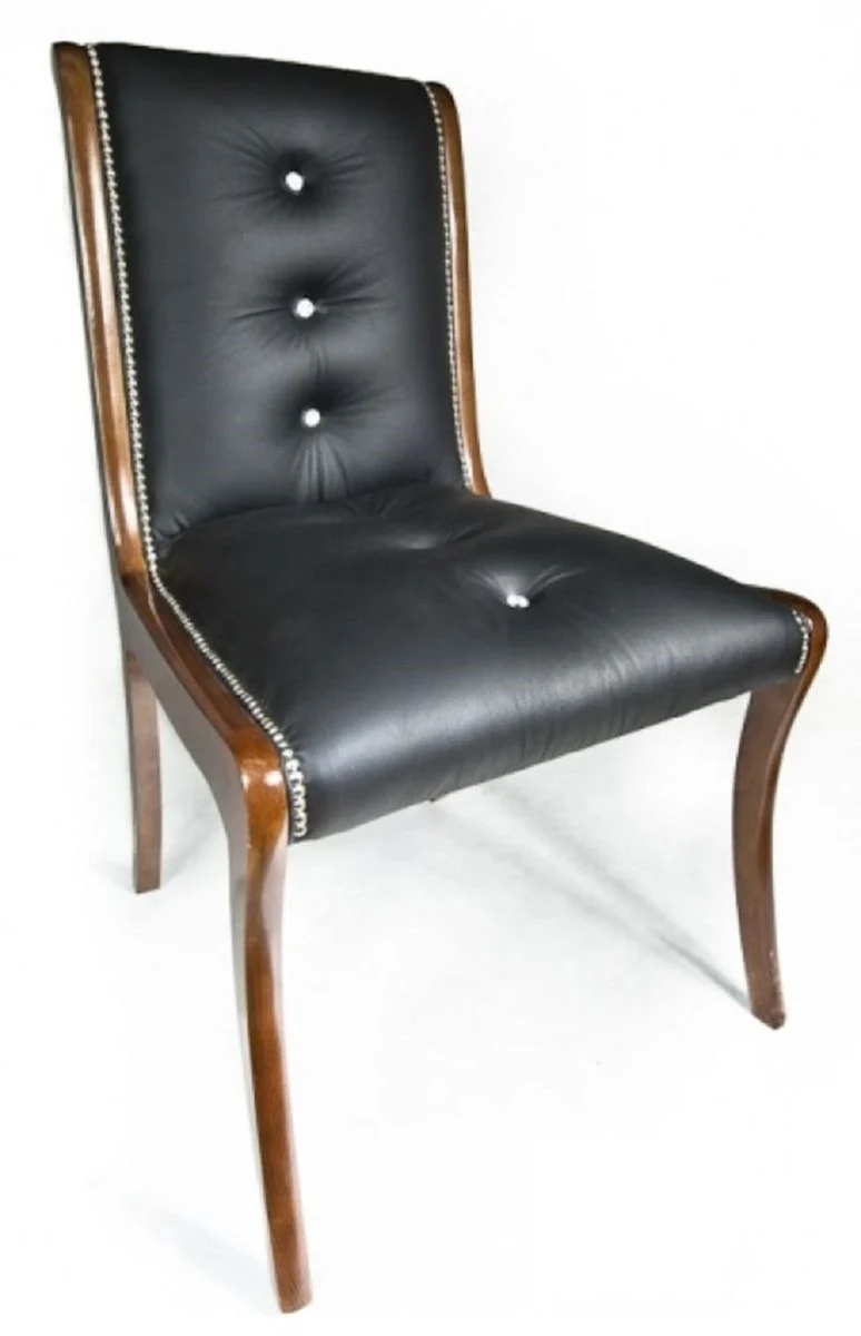 Casa Padrino Luxus Leder Esszimmer Stuhl 4er Set mit Glitzersteinen Schwarz / Braun 50 x 47 x H. 95 cm - Echtleder Küchenstühle - Echtleder Möbel - Luxus Möbel
