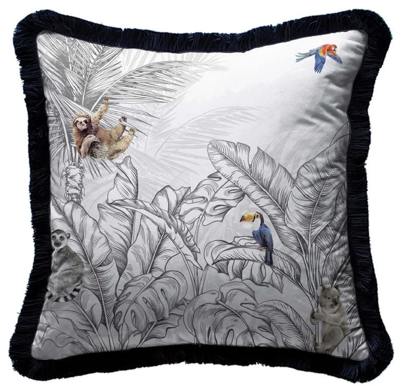 Casa Padrino Luxus Deko Kissen Dschungel & Tiere Grau / Mehrfarbig / Schwarz 45 x 45 cm - Bedrucktes Samt Kissen mit Fransen - Luxus Deko Accessoires