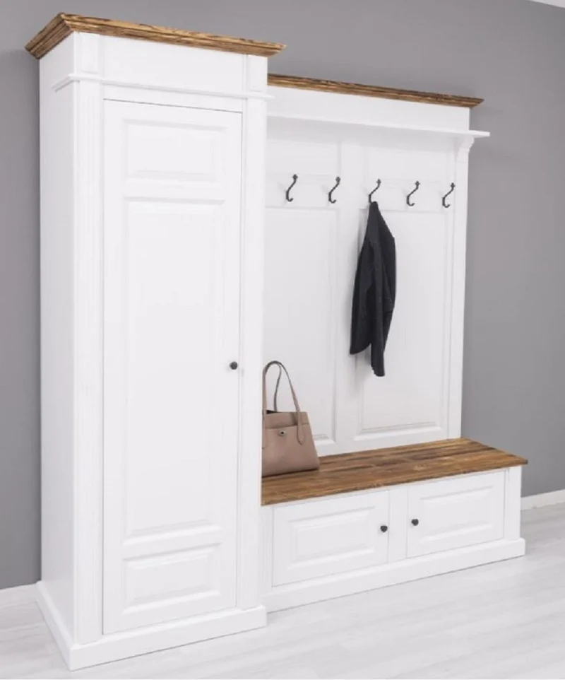 Casa Padrino Landhausstil Garderobenschrank Weiß / Braun 205 x 65 x H. 210 cm - Massivholz Garderobe - Flur Schrank - Flurmöbel - Garderoben Möbel - Massivholz Möbel - Landhausstil Möbel