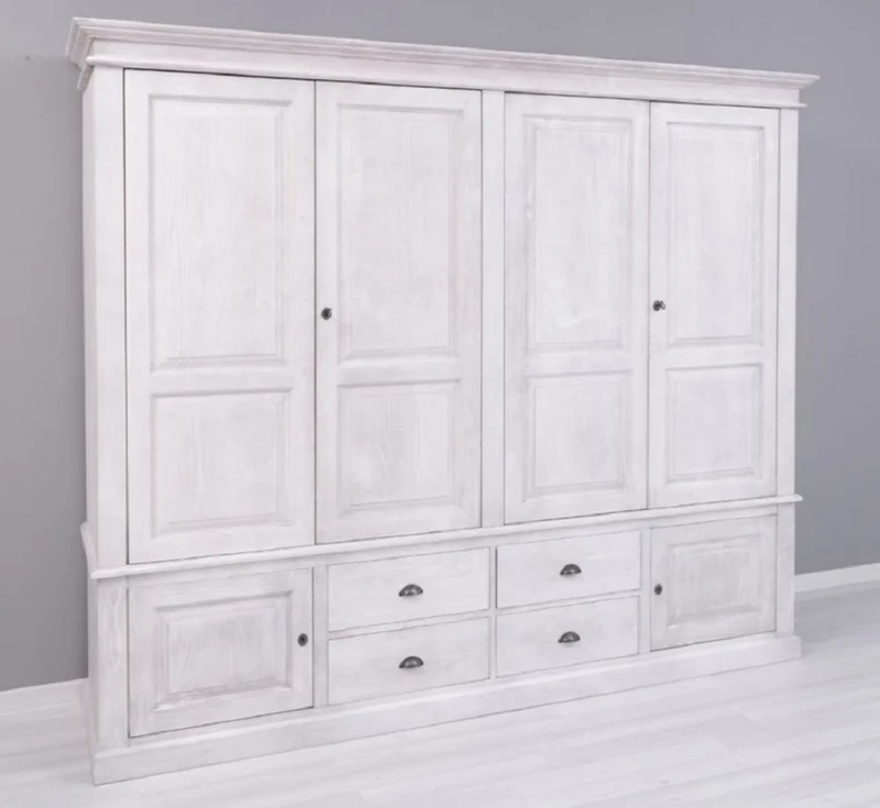 Casa Padrino Landhausstil Schlafzimmerschrank Hellgrau 232 x 59 x H. 197 cm - Massivholz Kleiderschrank mit 6 Türen und 4 Schubladen - Massivholz Schlafzimmer Möbel im Landhausstil