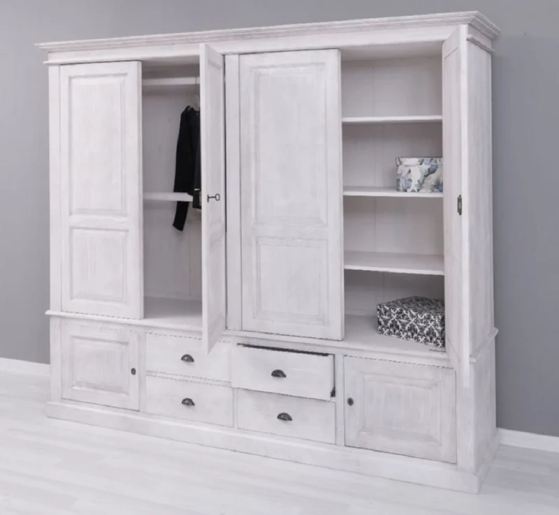 Casa Padrino Landhausstil Schlafzimmerschrank Hellgrau 232 x 59 x H. 197 cm - Massivholz Kleiderschrank mit 6 Türen und 4 Schubladen - Massivholz Schlafzimmer Möbel im Landhausstil