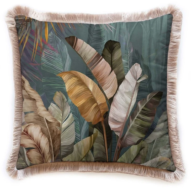 Casa Padrino Luxus Deko Kissen Sträucher Mehrfarbig / Braun 45 x 45 cm - Bedrucktes Samt Kissen mit Fransen - Luxus Deko Accessoires