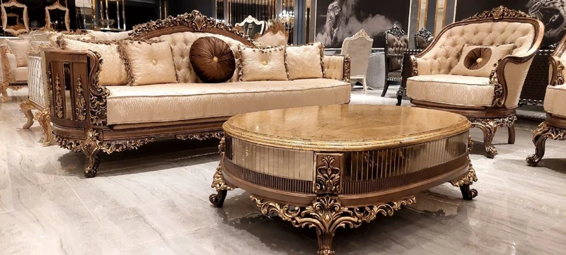 Casa Padrino Luxus Barock Wohnzimmer Set Gold / Braun / Gold - 2 Barock Sofas & 2 Barock Sessel & 1 Barock Couchtisch - Luxus Wohnzimmer Möbel im Barockstil - Barock Möbel - Edel & Prunkvoll