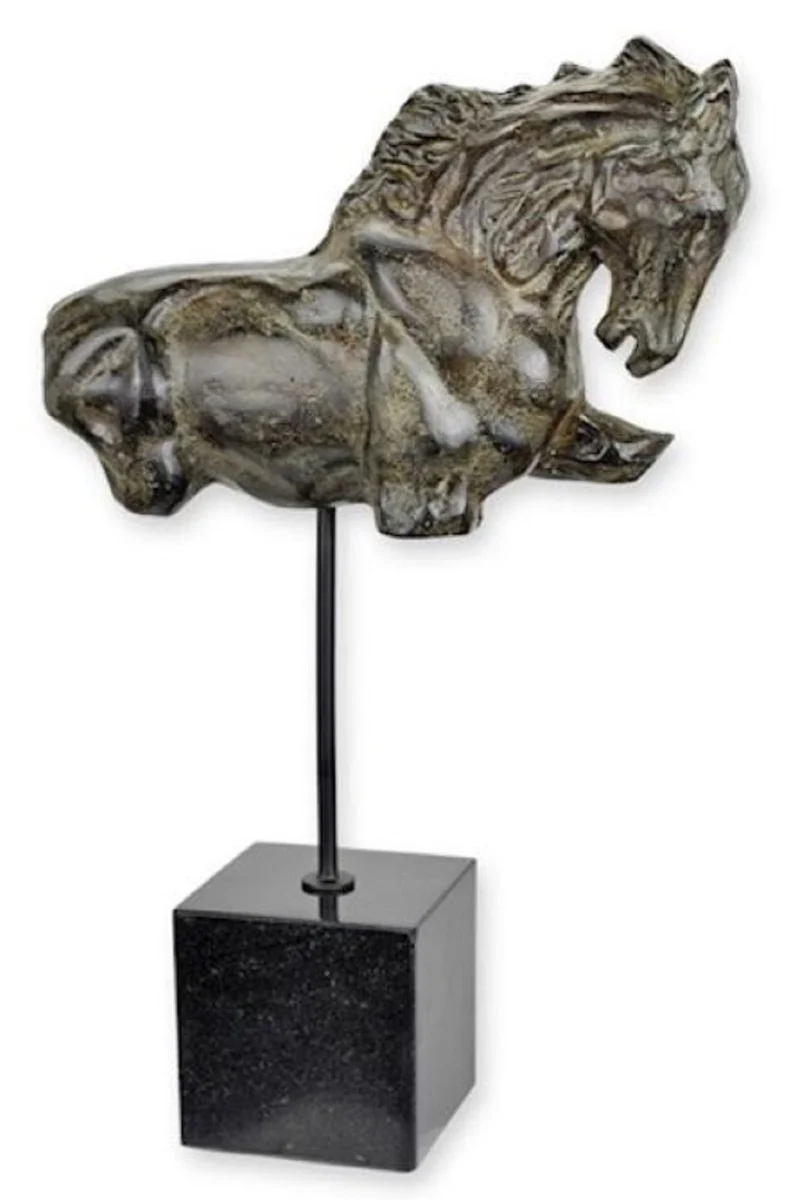 Casa Padrino Luxus Aluminium Deko Skulptur Pferde Torso Antik Grau / Schwarz 28,5 x 10,8 x H. 45,5 cm - Aluminium Deko Figur mit Marmorsockel - Wohnzimmer Deko - Schreibtisch Deko